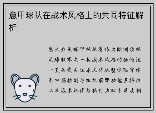 意甲球队在战术风格上的共同特征解析
